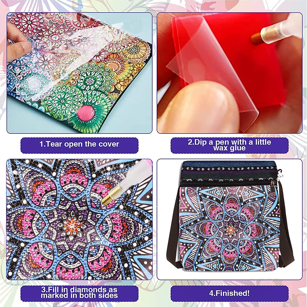 FRANDEK Special Shaped Diamonds Painting Handbag Butterfly Gem Painting Tote Bag Crystal Gems Art Canvas Bag Kaleidoscope DIY Rhinestone Cross Stitch Shopping Bags Mystic Rose for Woman Home Organize FRANDEK