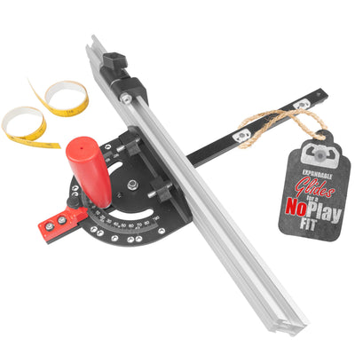 Fulton Miter Gauge 2000 SE HDF NoPlay Expandable Glides Steel Miter Bar for 3/4 x 3/8 Inches, Miter Slot UHMW Slick Base Pad, Protractor Style Head 13 Positive Stops, Aluminum Dual 45 Degree