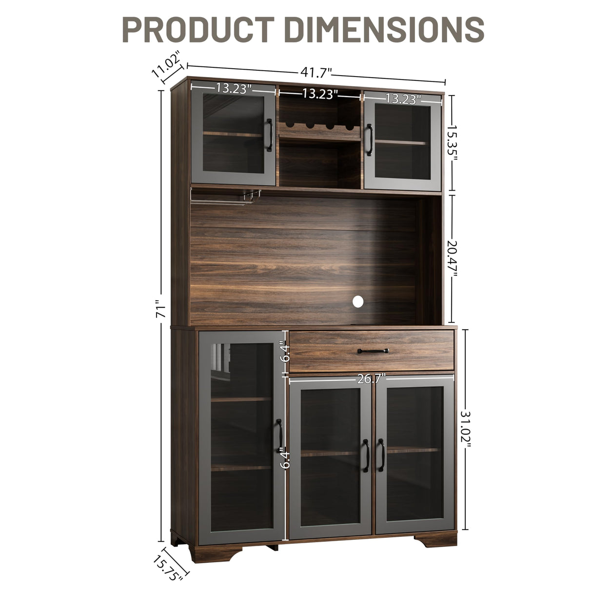 Fatmok Kitchen Pantry Cabinet, 71" Tall Liquor Cabinet with Glass Doors, Adjustable Shelves, Drawer, Coffee Bar Wine Cabinet with LED Lights, Power Outlet & Wine Rack, Buffet Cabinet with Storage Fatmok