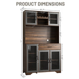 Fatmok Kitchen Pantry Cabinet, 71" Tall Liquor Cabinet with Glass Doors, Adjustable Shelves, Drawer, Coffee Bar Wine Cabinet with LED Lights, Power Outlet & Wine Rack, Buffet Cabinet with Storage Fatmok