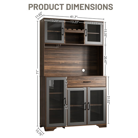 Fatmok Kitchen Pantry Cabinet, 71" Tall Liquor Cabinet with Glass Doors, Adjustable Shelves, Drawer, Coffee Bar Wine Cabinet with LED Lights, Power Outlet & Wine Rack, Buffet Cabinet with Storage Fatmok