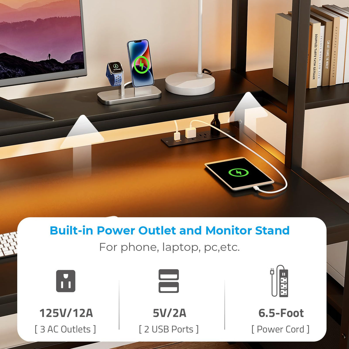 GreenForest Office Desk with Power Outlets and Printer Shelf, 59 inch Computer Desk with LED and Drawer, Reversible Gaming Desk with Storage for Home Study Working,Black GreenForest