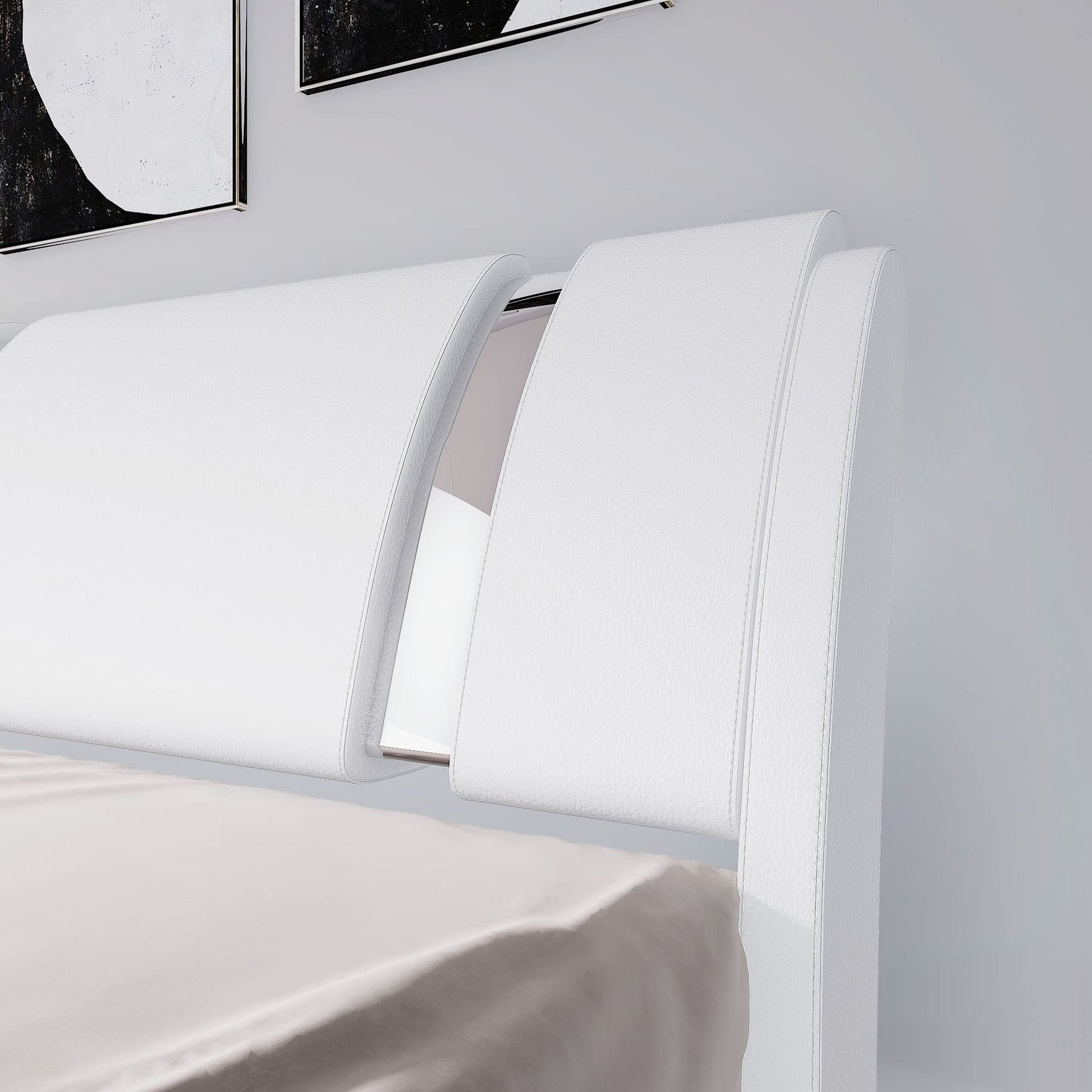 Stylish Allewie King Size Faux Leather Bed Frame with Curved Adjustable Headboard, Modern White Design - WoodArtSupply