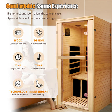 Far Infrared Sauna for Home Sauna 1 Person Infrared Sauna Room in Home Dry Sauna for Home Low EMF Hemlock Wood Sauna with Led Control Panel, Speaker and Tempered Glass Door RIGO