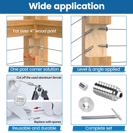 [Patent] Muzata 20 Pack 1/8" Invisible Cable Railing Kit Hardware Swage Lag Screw Hidden for 4x4 6x6 8x8 Wood Posts T316 Stainless Steel Deck Cable Railing System 10 Pairs CR73 Muzata