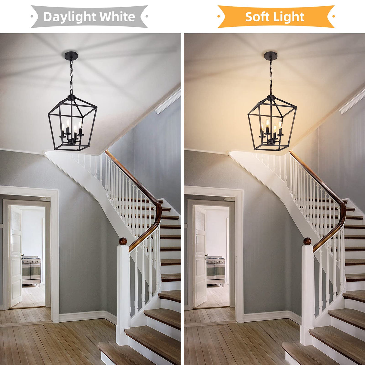 4 Light Chandelier, Industrial Ceiling Light Black Lantern Light Fixtures with Farmhouse Metal Cage Adjustable Height Rustic Geometric Hanging Light E12 Base for Kitchen Island, Entryway, Indoor Seaside village