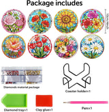 8 Pcs Flower Diamond Painting Coasters Kit with Holder, DIY Flowers Diamond Coaster Non-Slip Coaster for Adults, Crystal Full Drill Rhinestone Diamond Art Diamond Painting Kit Supplies LWZAYS