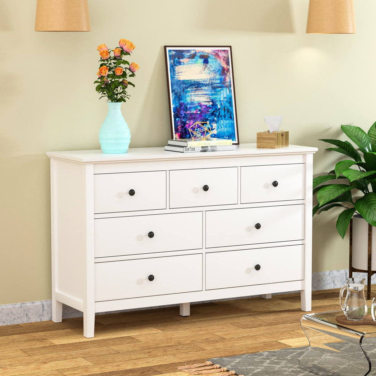 CARPETNAL White Modern Dresser for Bedroom, 7 Drawer Double Dresser with Wide Drawer and Metal Handles, Wood Dressers & Chests of Drawers for CARPETNAL