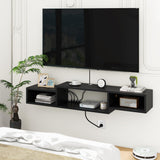 IBUYKE 59" Floating TV Stand Wall Mounted with Power Outlet,Wood Wall Mounted Media Console Shelf,Floating Entertainment Center for Under TV Storage for Living Room Bedroom Office,Black WST007B IBUYKE