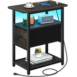 Yoobure End Table with Charging Station, Narrow Side Table with Adjustable Fabric Drawer, 3-Tier End Tables Living Room, Small Nightstand with Outlets, LED Skinny Night Stand for Bedroom Small Spaces Yoobure