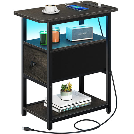 Yoobure End Table with Charging Station, Narrow Side Table with Adjustable Fabric Drawer, 3-Tier End Tables Living Room, Small Nightstand with Outlets, LED Skinny Night Stand for Bedroom Small Spaces Yoobure