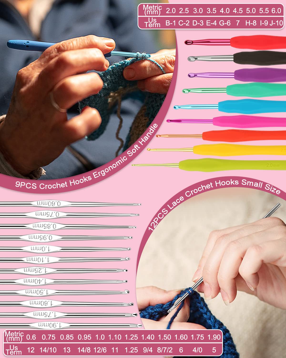 Coopay Crochet Kit for Beginners, 71PCS Crochet Starter Kit with 16 Colors Crochet Yarn & Instructions, Double-Layer Crochet Set Beginner Crochet Kit for Kids/Adults, Professional Starter Pack, Pink Coopay