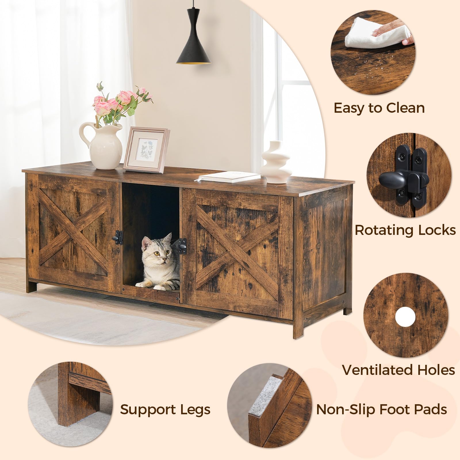 MAHANCRIS Cat Litter Box Enclosure for 2 Cats, 47.2" Hidden Cat Litter Box Furniture with Double Room, Wooden Cat Washroom with Scratching Board, Indoor Cat House End Table, Rustic Brown CWHR - WoodArtSupply