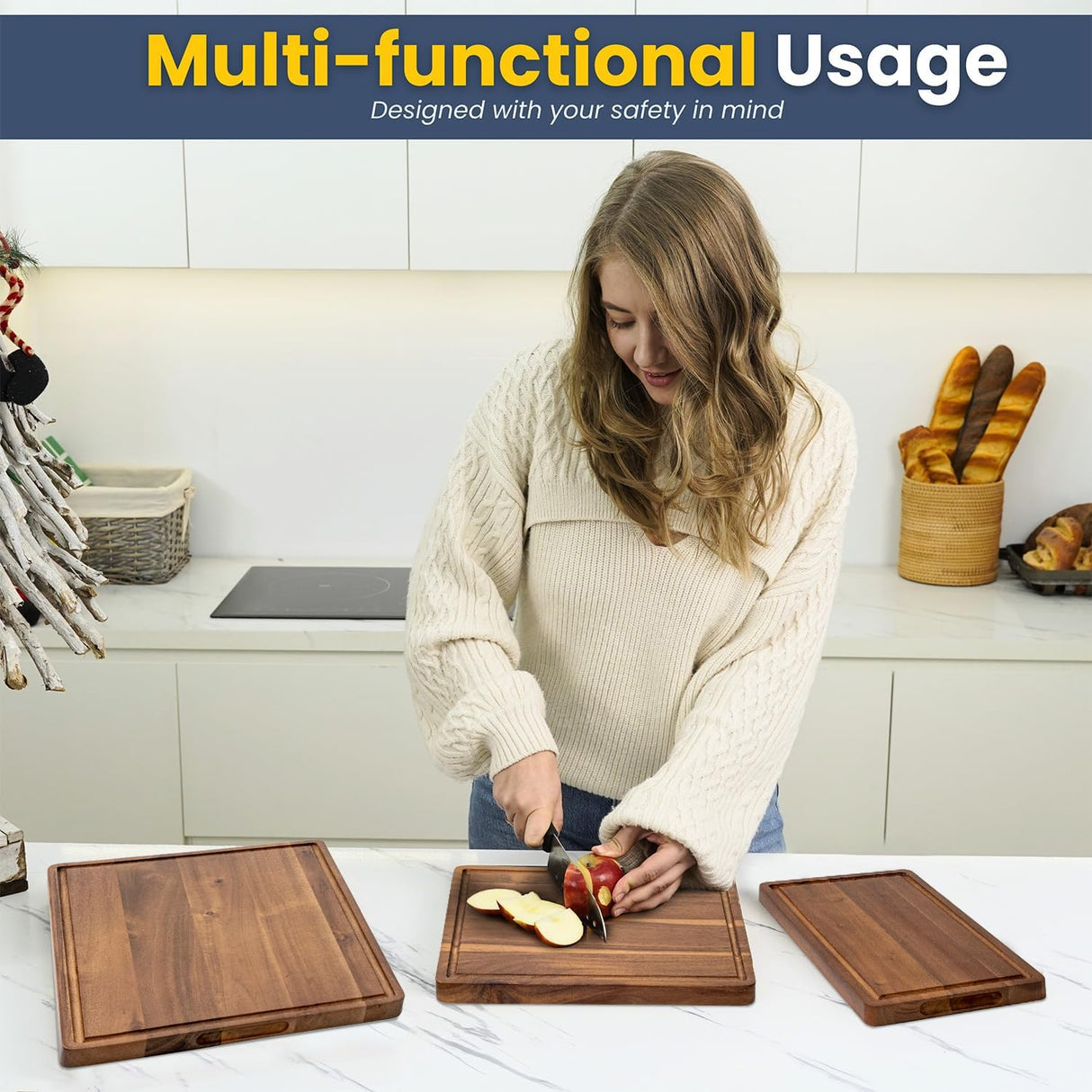 KOLWOVEN Wood Cutting Boards for Kitchen - Set of 3, Wooden Cutting Board Set with Holder for Chopping Meat, Cheese, Fruits, Vegetables, Knife Friendly Serving Tray KOLWOVEN