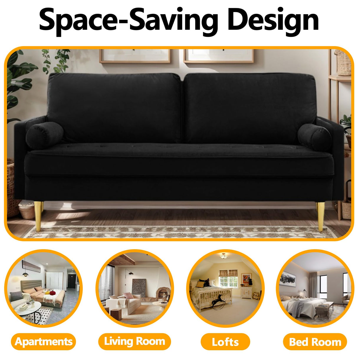 Thctvous 65" Loveseat Sofa with 2 Pillows, Comfy Love Seat Cuches with Gold Legs,Velvet Small Couchs for Living Room Bedroom Office Apartment,Mid Century Modern Couch (Black) Thctvous