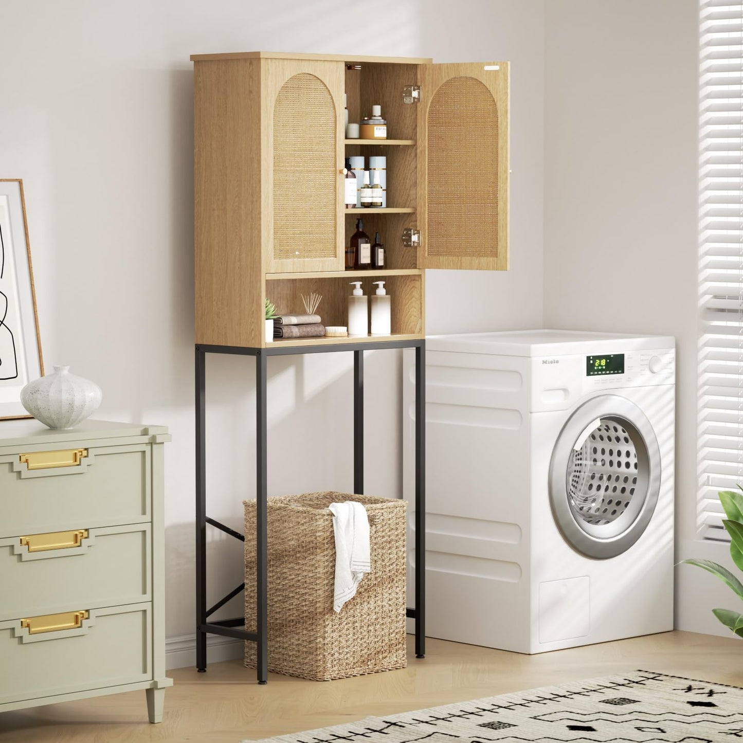 Rattan Toilet Storage Cabinet, Over the Rack Wood Cabinet with Metal Stand, Bathroom Organizer with Adjustable Shelf, Tall Freestanding Washer Shelf, Small Cupboard, Space Saver, Natural style