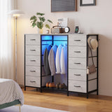 LUMTOK 55W 2-in-1 Dresser with Hanging Rack, 10 Drawers Dresser for Bedroom,Dressers with Fabric Drawers,LED Lights, Charging Station and Hanging Racks for Bedroom (Greige) LUMTOK