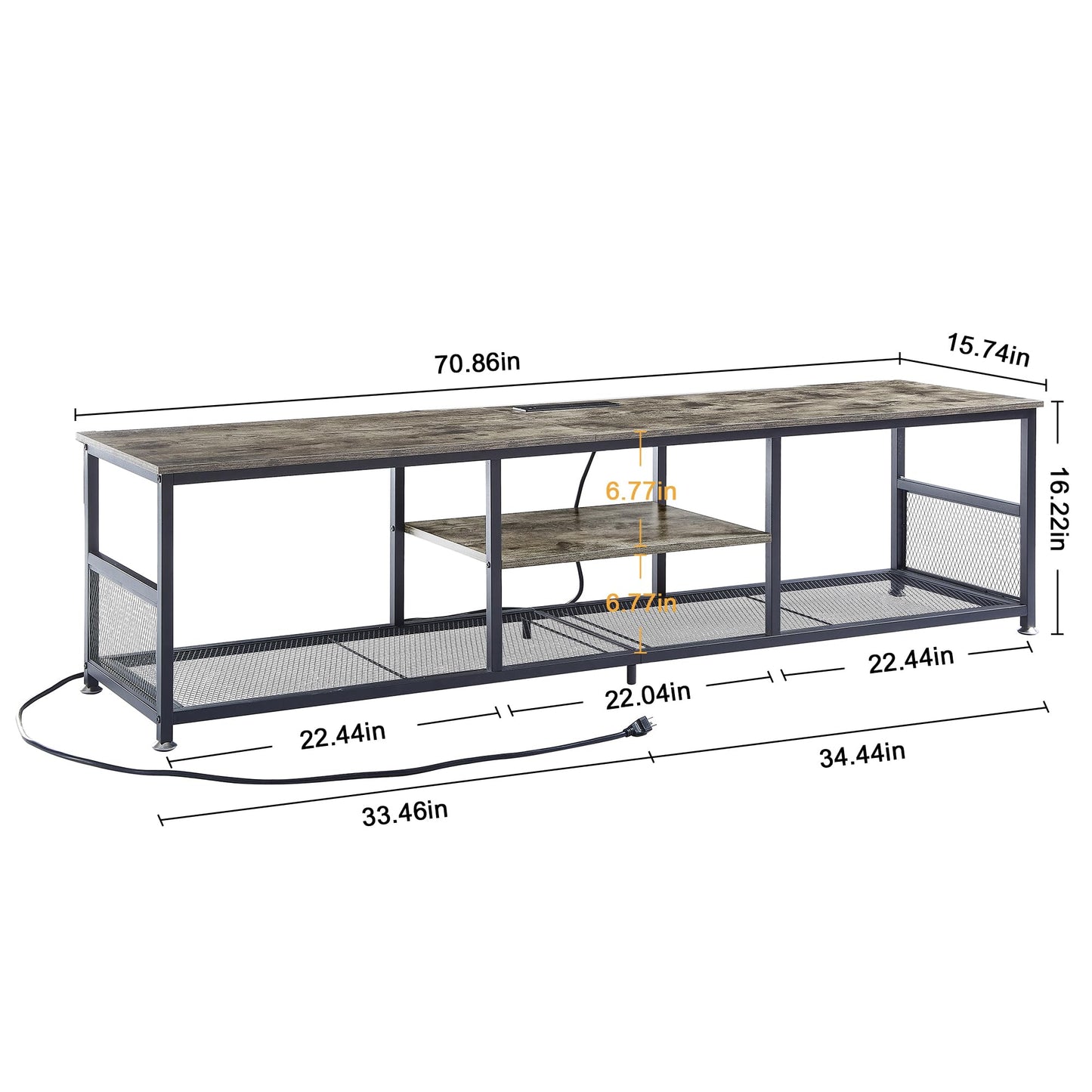 VECELO TV Stand with Power Outlets for Televisions up to 80Inch, 70" Media Entertainment Center with Charging Station 3-Tier Open Storage Shelves with Metal Frame for Living Room/Bedroom，Grey