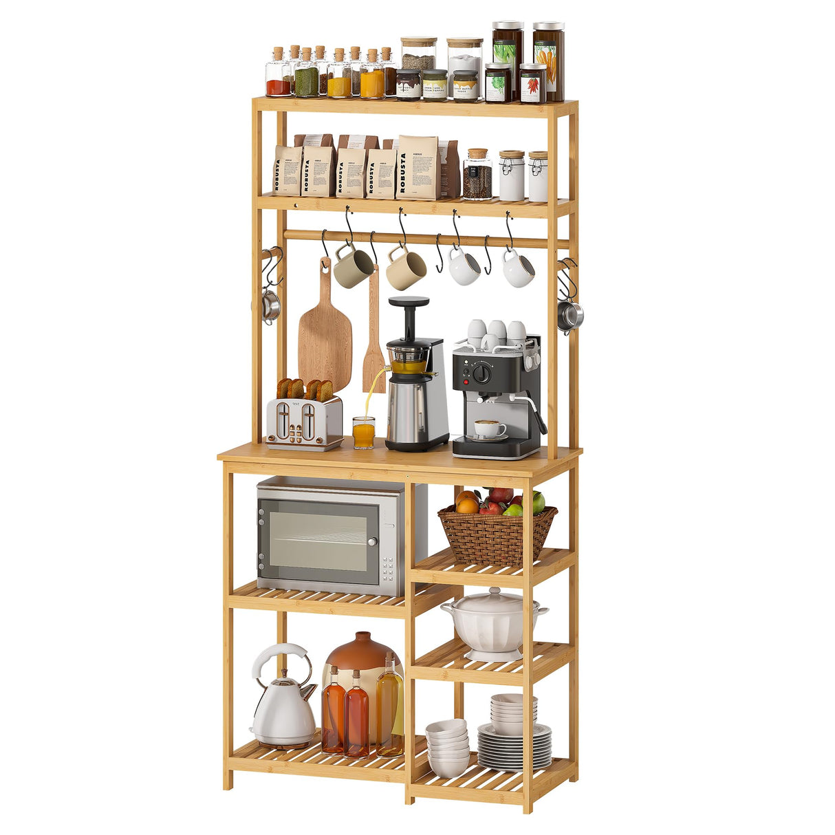 BMOSU Bamboo Bakers Rack for Kitchen Open Storage Shelves & Coffee Bar Table - Microwave Stand with 12 S-Shaped Hooks BMOSU