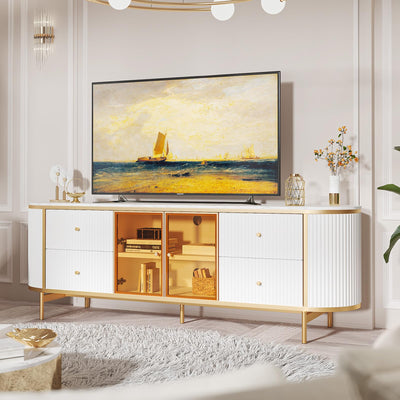 oneinmil Luxury 70" Fluted TV Stand for TVs Up to 75", Modern Entertainment Center with Faux Marble Top, Media Console with Curved Profile Design, Television Stands for Living Room, White