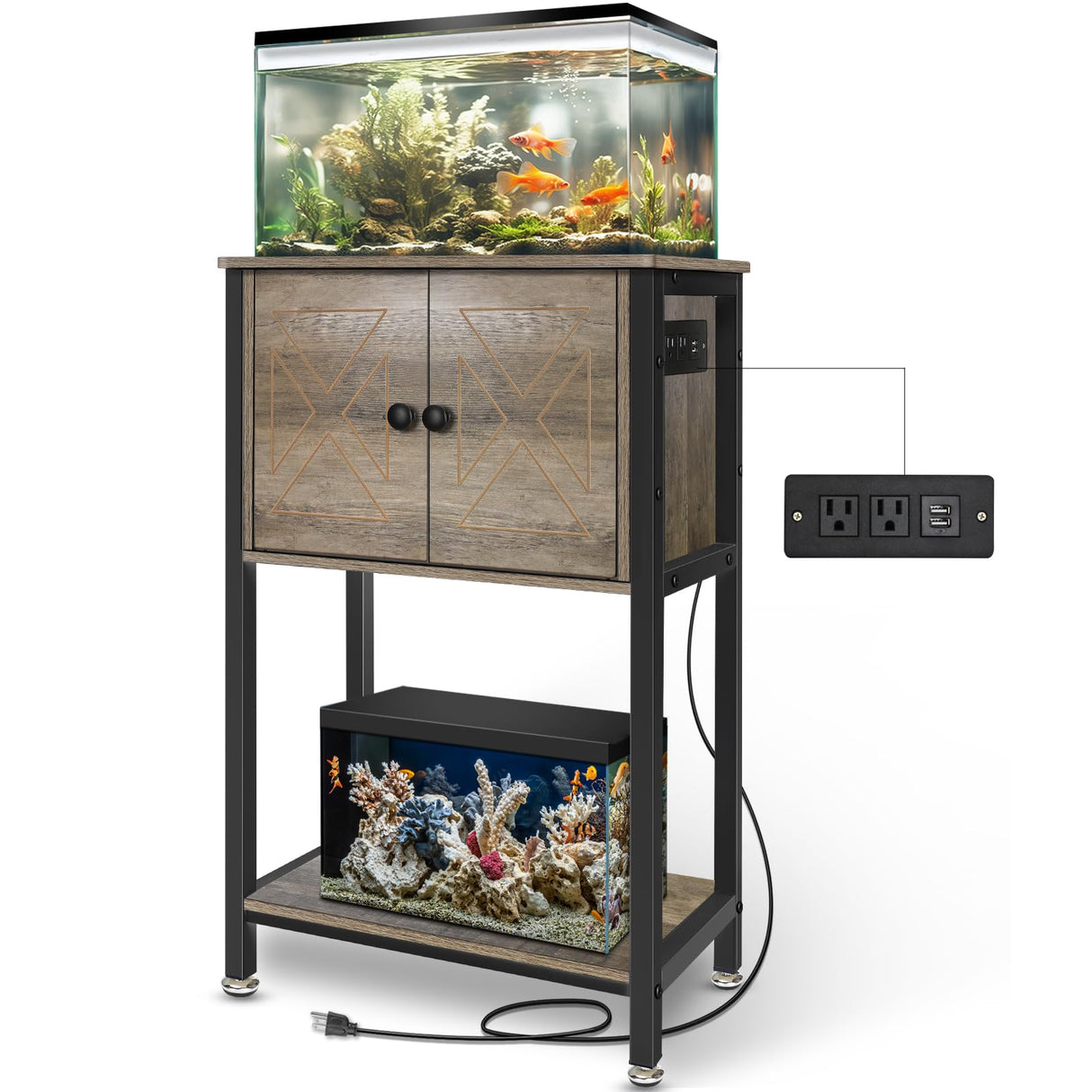 5-10 Gallon Fish Tank Stand, Heavy Duty Aquarium Stand with Cabinet & Power Outlets for Fish Tank Accessories Storage, Double Tank Stand 20.5" L* 11" W Tabletop, 220LBS Capacity, Grey BEURUKU