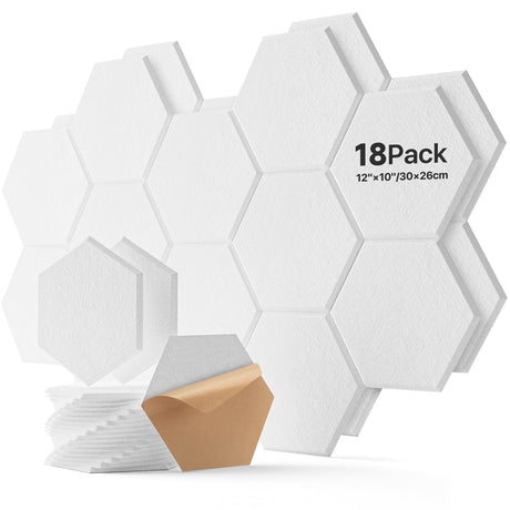 18 Pack Hexagon Acoustic Panels, Self-Adhesive Soundproof Wall Panels, High Density Acoustic Wall Panels, Sound Proofing Panels for Walls, Office, Reccording Studio, Ceiling 12" X 10" X 0.4" White Soundsbay