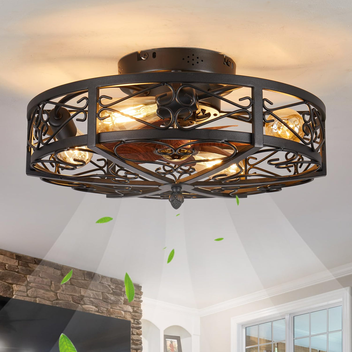 MeZeYo 20" Caged Farmhouse Flush Mount Ceiling Fan with Light and Remote Control Bladeless Low Profile Ceiling Fans with Lights Enclosed Vintage Fan 6 Speed Reversible for Kitchen, Bedroom MeZeYo