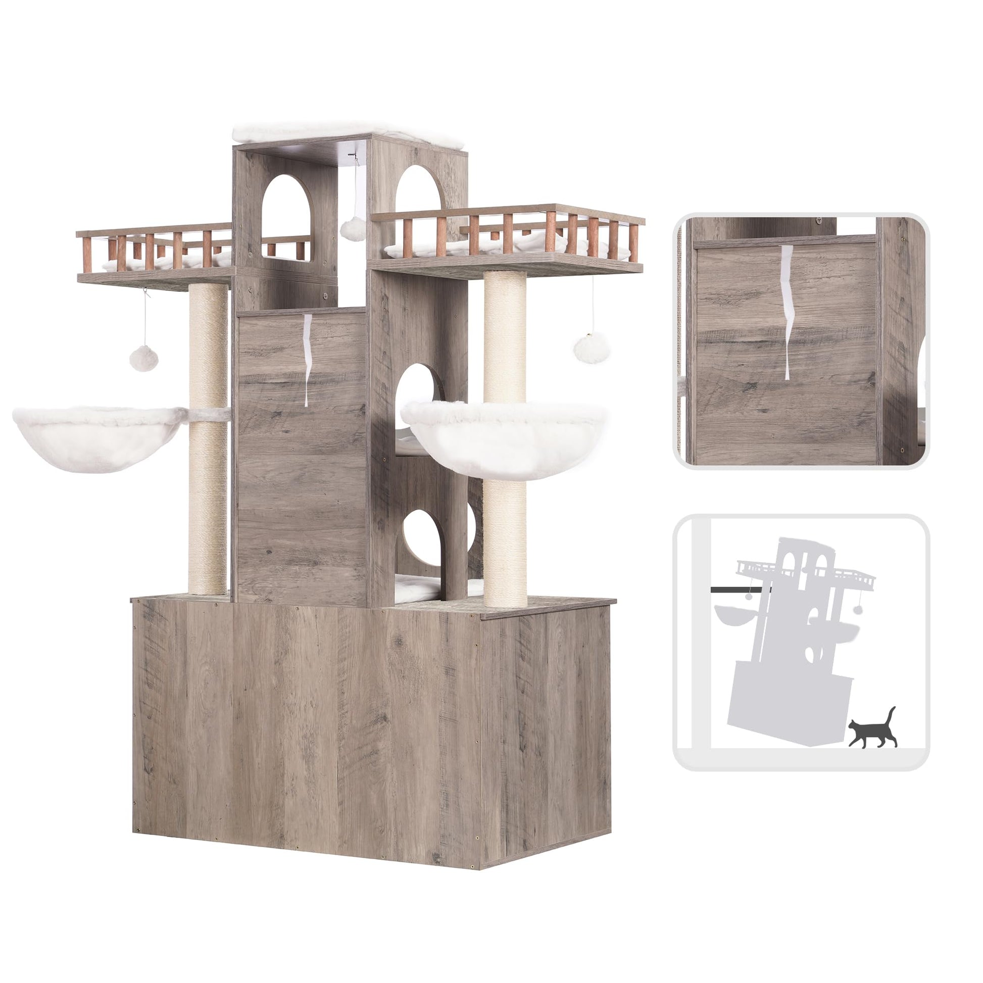 Heybly Cat Tree with Litter Box Enclosure for Indoor Big Cat, Cat Tower for Large Cats 20 lbs Heavy Duty, Modern Cat Condo Furniture with Scratching Posts, Rustic Gray HCT110SG - WoodArtSupply