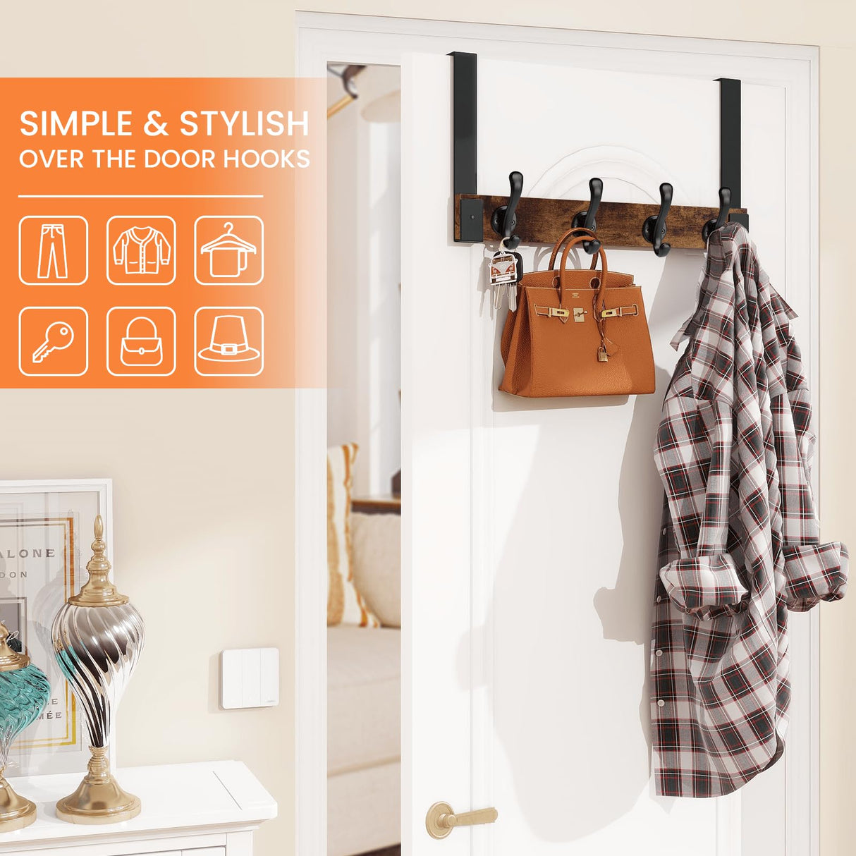 Homode Over The Door Hooks Heavy Duty, Wood Over Door Hanger Hook, Over Door Towel Rack with Coat Hooks for Hanging Towels Clothes Hats Bags, Back of Bathroom Door, Rustic Brown Black Homode