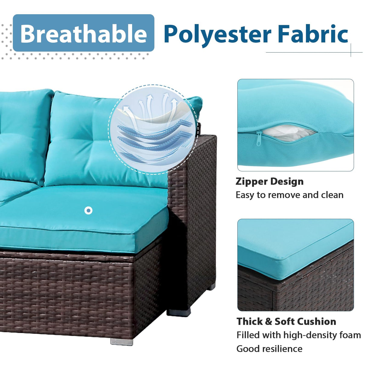 JOIVI Outdoor Wicker Sectional Furniture Set, 3 Piece Patio Furniture with Tempered Glass Coffee Table, Turquoise JOIVI