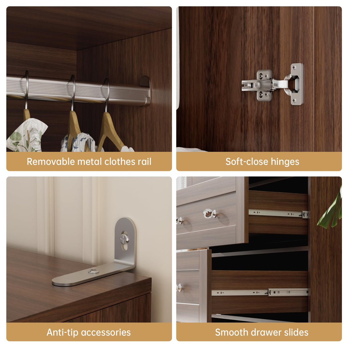 VOWNER Armoire Wardrobe Closet with Drawers and Mirror, 71" Clothing Storage Cabinet with Hanging Rod, 2 Doors Wooden Wardrobe Cabinet for Bedroom (Walnut, 18.9" D x 31.5" W x 71" H) VOWNER