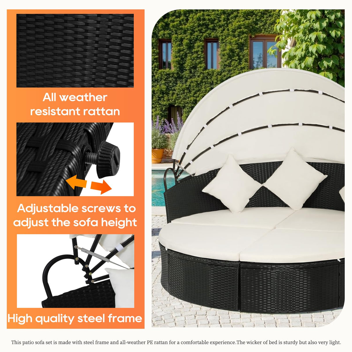 FDW Outdoor Round Daybed Wicker Patio Furniture Outdoor Furniture with Retractable Canopy Rattan Separated Seating Sectional Sofa Khaki Washable Cushioned and Three Pillow for Patio Backyard FDW