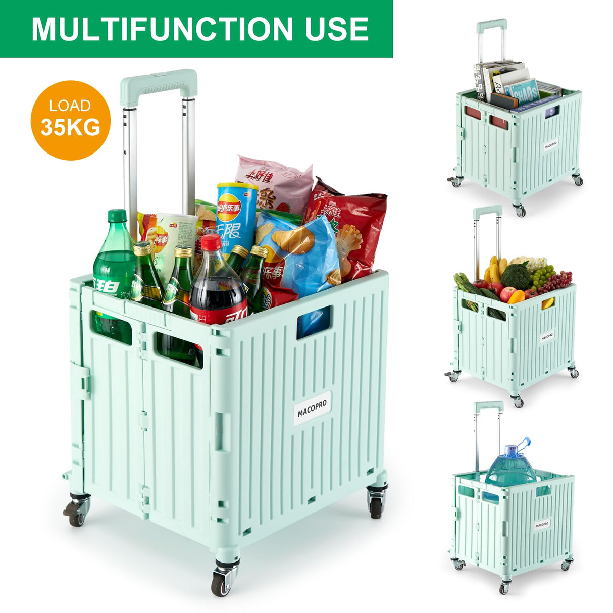MACOPRO Folding Utility Cart Portable Rolling Crate Handcart Shopping Trolley Collapsible Tool Box, with Lid, Basket on 4 Rotate Wheels, for Grocery, Office, Teacher, Travel Shop Move Luggage (Green) MACOPRO