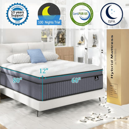 Queen Mattress, Upgrade Strengthen 12 Inch Firm Hybrid Queen Size Mattress in a Box, Mattress Queen Size With Memory Foam and Independent Pocket Springs,Release Pressure, Strong Edge Support