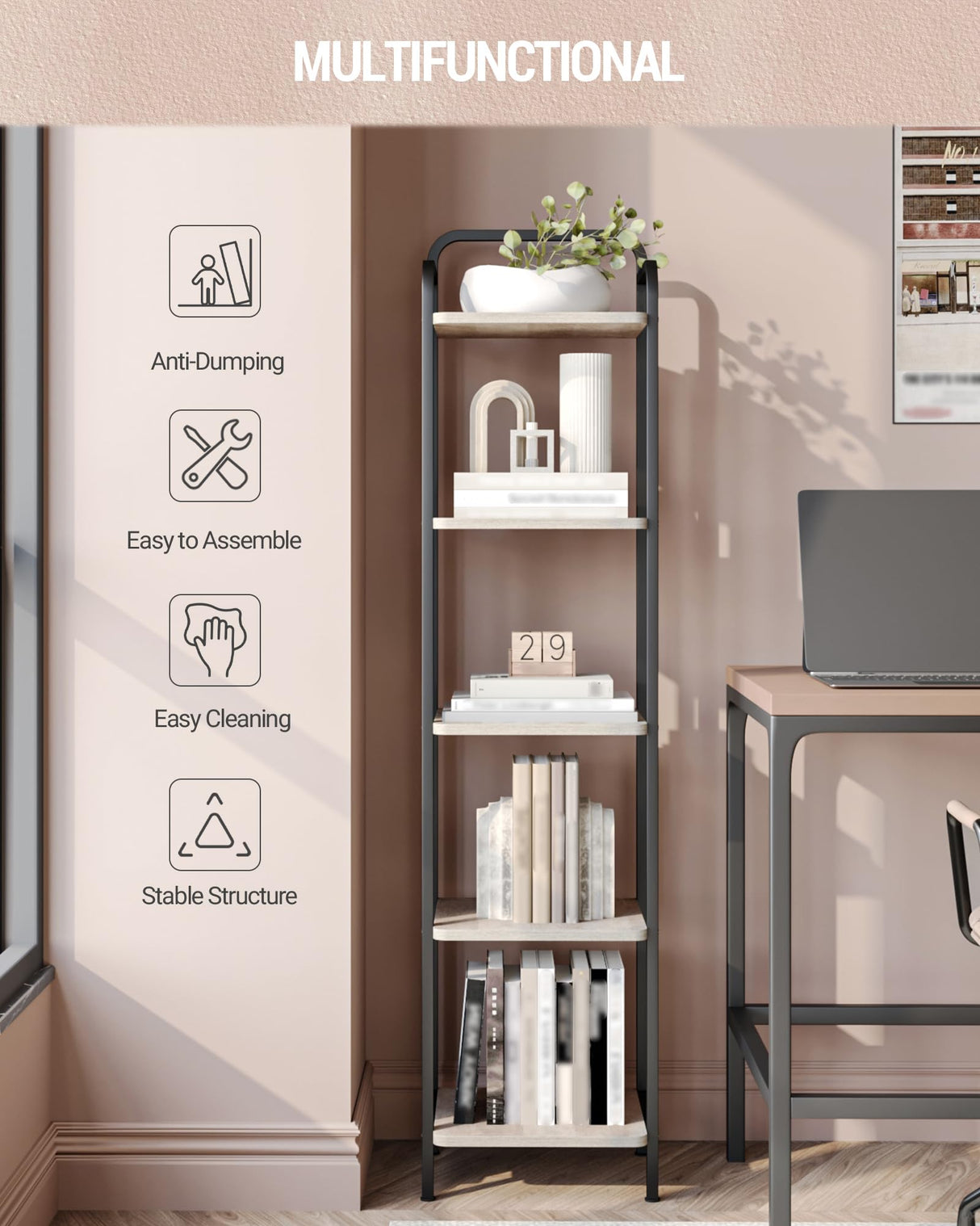 Hzuaneri Bookcase Bookshelf, Narrow Book Shelf, Industrial Corner Shelf Storage Organizer, Slim Shelving Unit for Home Office, Living Room, Bedroom, Kitchen, 5-Tier Greige and Black BC24505B Hzuaneri