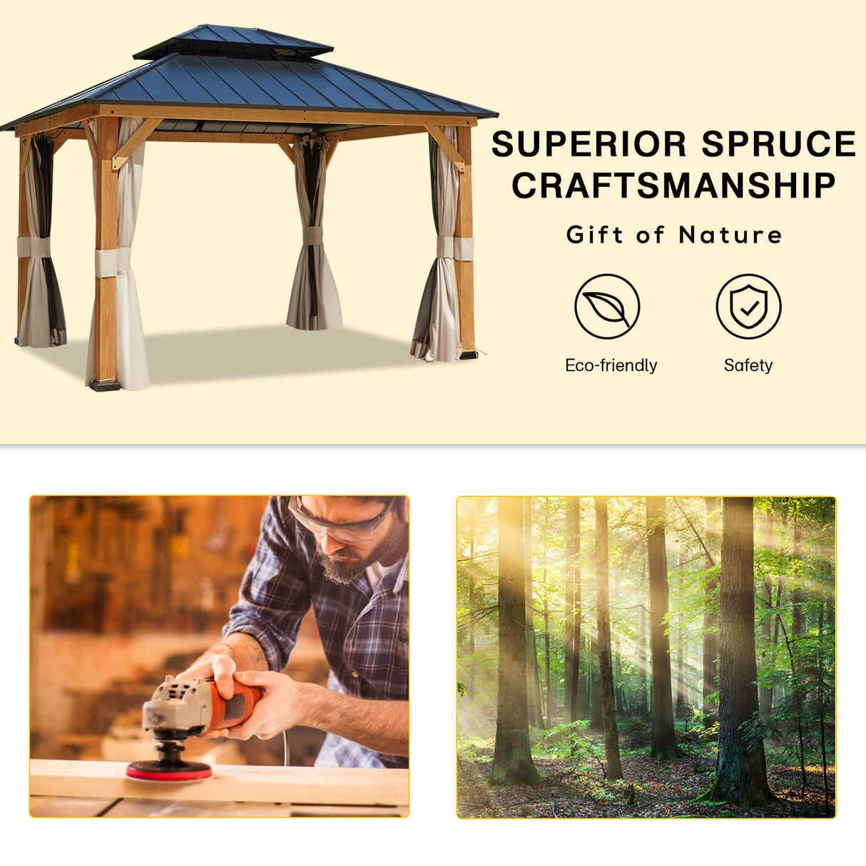 YOLENY 11' x 13' Spruce Wood Gazebo, Outdoor Hardtop Gazebo with Privacy Curtains and Mosquito Netting for Patio, Garden, Backyard YOLENY