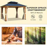 YOLENY 11' x 13' Spruce Wood Gazebo, Outdoor Hardtop Gazebo with Privacy Curtains and Mosquito Netting for Patio, Garden, Backyard YOLENY