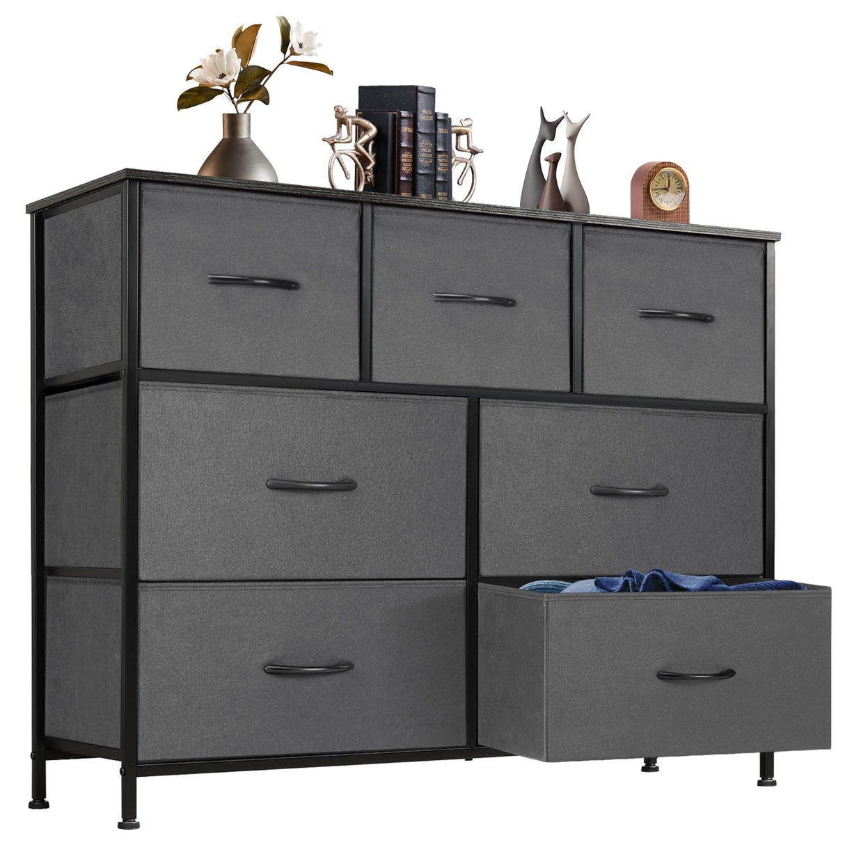 DUMOS Dresser for Bedroom with 7 Drawers, Storage Organizer Units Furniture, Chest Tower TV Stand with Fabric Bins, Metal Frame, Wooden Top for Nursery, Living Room, Kidsroom, Closet, Grey DUMOS