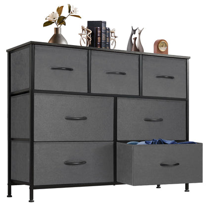 DUMOS Dresser for Bedroom with 7 Drawers, Storage Organizer Units Furniture, Chest Tower TV Stand with Fabric Bins, Metal Frame, Wooden Top for Nursery, Living Room, Kidsroom, Closet, Grey