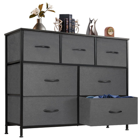 DUMOS Dresser for Bedroom with 7 Drawers, Storage Organizer Units Furniture, Chest Tower TV Stand with Fabric Bins, Metal Frame, Wooden Top for Nursery, Living Room, Kidsroom, Closet, Grey DUMOS