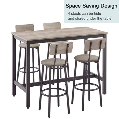 Industrial Grey Bar Table Set with 4 PU Backrest Stools – 5-Piece Counter Height Dining Ensemble