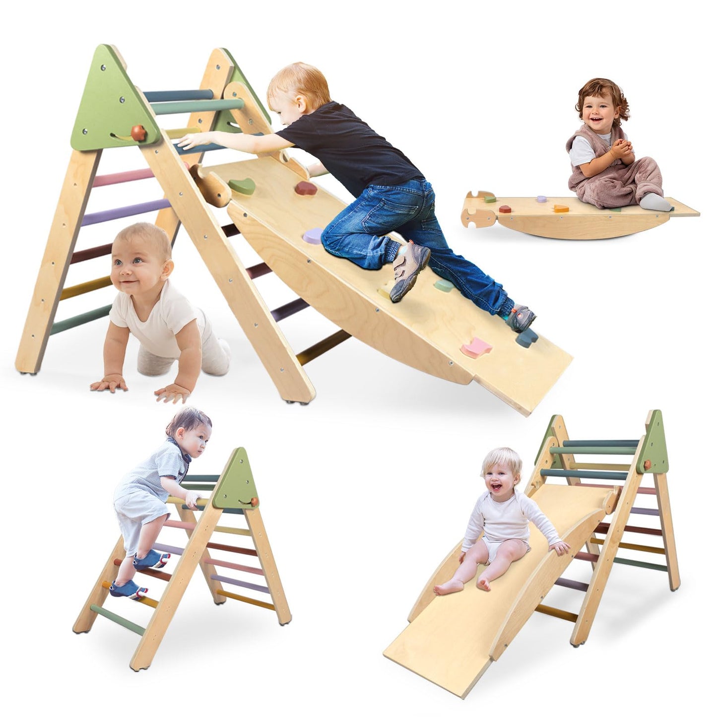 LOL-FUN 4 in 1 Pikler Triangle Set Climber with Ramp & Slide, Large Size Wooden Foldable Toddler Climbing Toys Indoor, Montessori Climbing Toys for Toddlers 1-3 Inside