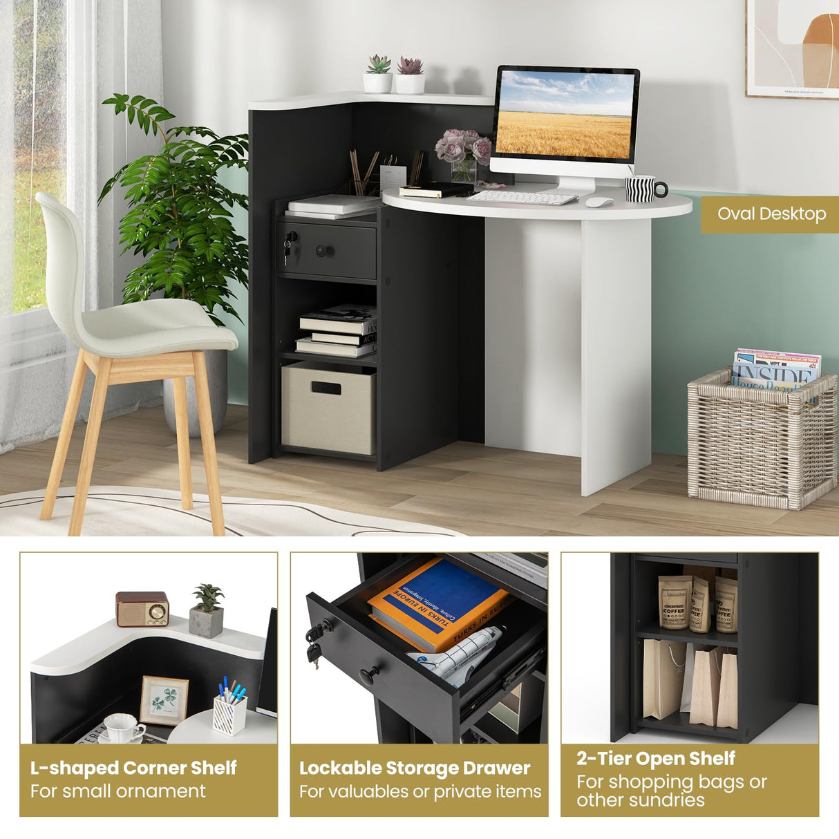 Byroce Reception Desk, Front Desk Reception Counter with Oval Desktop, Open Shelf & Lockable Drawer, Small Retail Checkout Counter Table, Wood Computer Workstation for Home, Office, Lobby & Salon WoodArtSupply