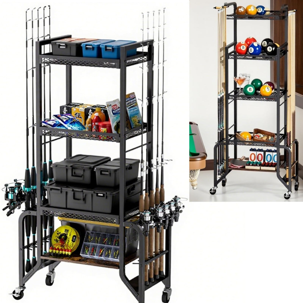 ZERTNROW Fishing Gear Storage Fishing Pole Holders for Garage- Rod Holder up to 10 Rods with Wheels and 4 layer of large capacity Shelf，Fishing Organizer for Large Tackle Box -Fishing Gear Storage ZERTNROW