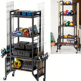 ZERTNROW Fishing Gear Storage Fishing Pole Holders for Garage- Rod Holder up to 10 Rods with Wheels and 4 layer of large capacity Shelf，Fishing Organizer for Large Tackle Box -Fishing Gear Storage ZERTNROW