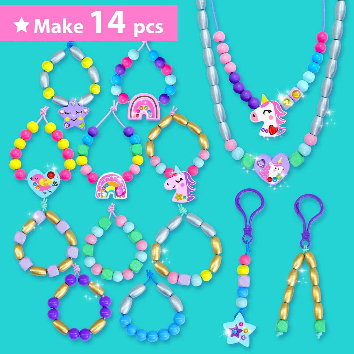 KRAFUN Unicorn Bracelet Craft Kit for Kids, Premium Wooden Beads, 14 Easy DIY Friendship Bracelets, Charms, Gem Stickers, Instructions, Gift for Girls KRAFUN