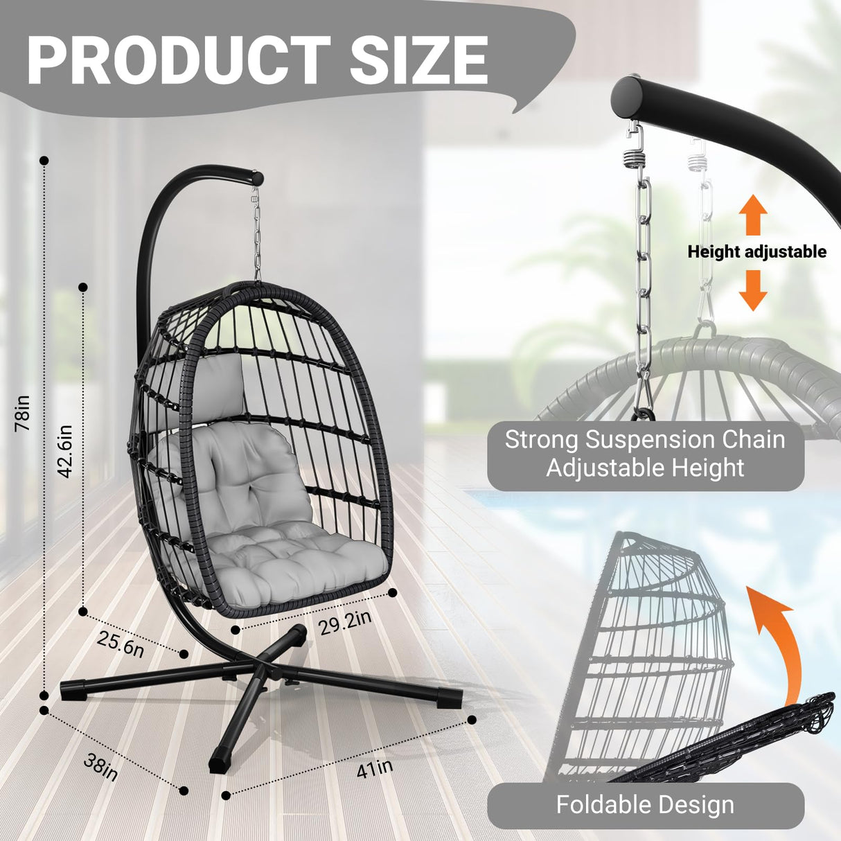 LEVELEVE Egg Chair with Stand,Patio Rattan Wicker Hanging Swing Egg Chair Hammock Chair for Bedroom Porch Garden,Thickened Aluminum Alloy Steel Frame and UV Resistant Cushion,350LBS Capacity LEVELEVE
