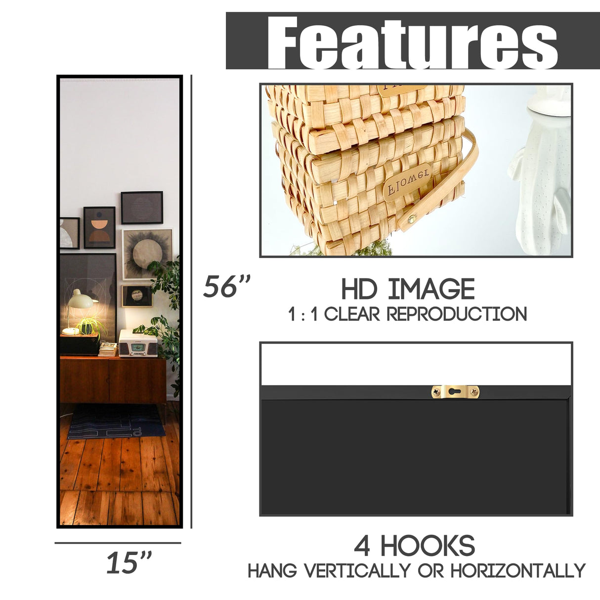 TRAHOME Standing Mirror Full Length Mirror,15" x 56" Large Floor Mirror with Aluminium Frame for Door Bedroom Bathroom Living Room(Black) TRAHOME