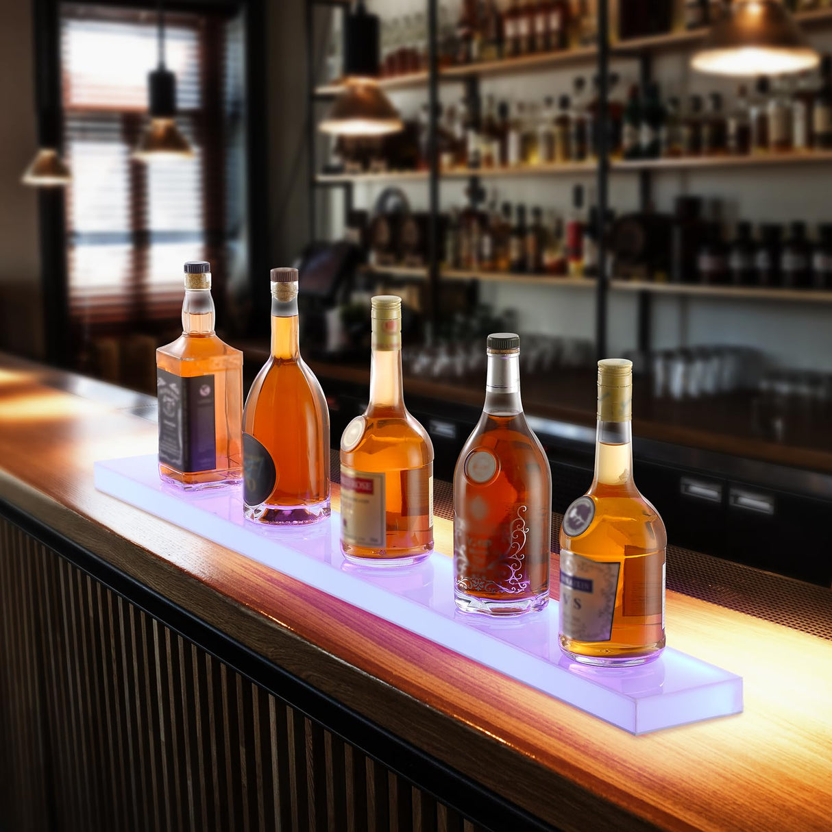 VEVOR LED Lighted Liquor Bottle Display, 1 Tier 40 Inch Wall Mounted Whiskey Rack Stand, 1 Step Commercial Illuminated Home Bar Shelf, Acrylic Drinks Light Shelves with RF Remote & App Control VEVOR