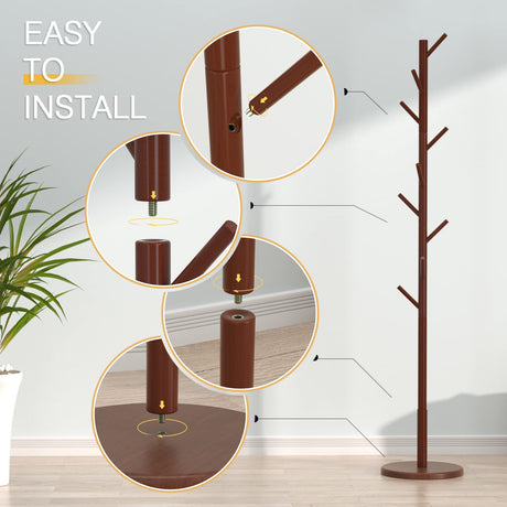 Wooden Coat Rack Freestanding Coat Tree with 4 Height Options and 9 Hooks, Sturdy Coat Rack Stand for Clothes/Bags/Hats, Easy Assemble Save Space for Entryway,Bedroom,Office,Narrow Place (Brown) Bamdibola